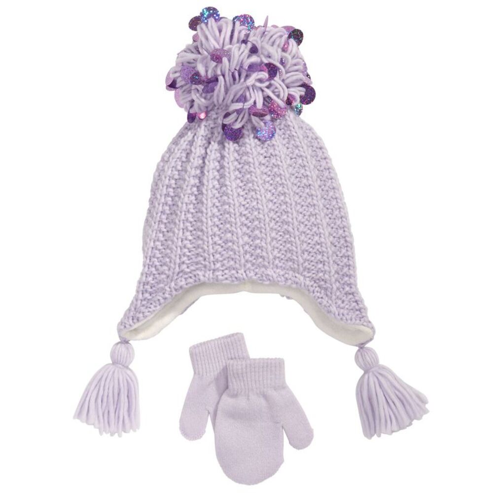 Fab Toddler Girls 2 Pc. Sequinned Tassels Hat Mittens Set